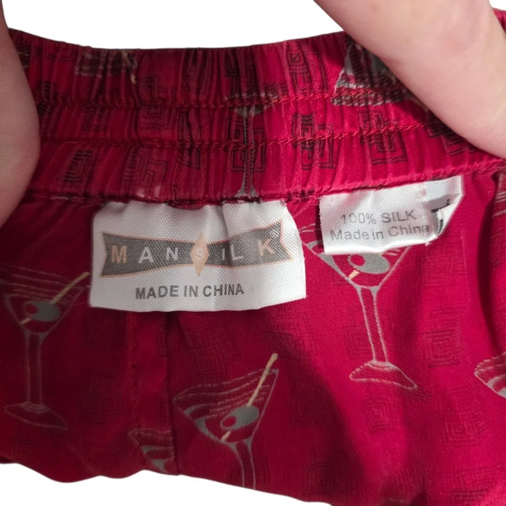 Vintage Mansilk 100% Silk Boxer Shorts Red Martini Cocktail Print Mens XL 1990s